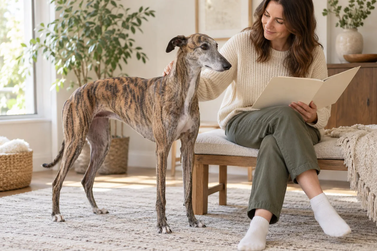 Owner holding papers beside a tall dog at home